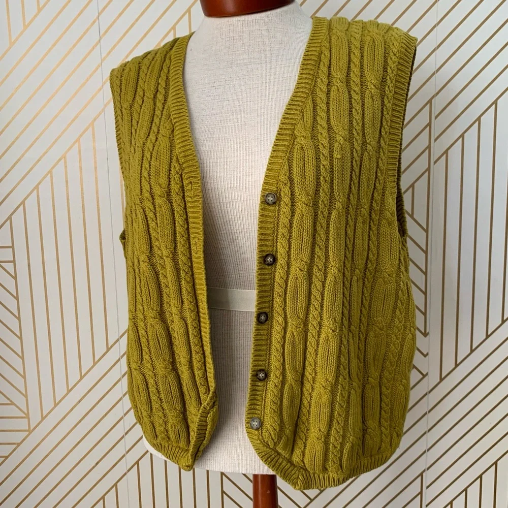 Vintage Karen Scott Fairy Core Forest Nymph Cable knit Sweater Vest Chartreuse L - Picture 1 of 11